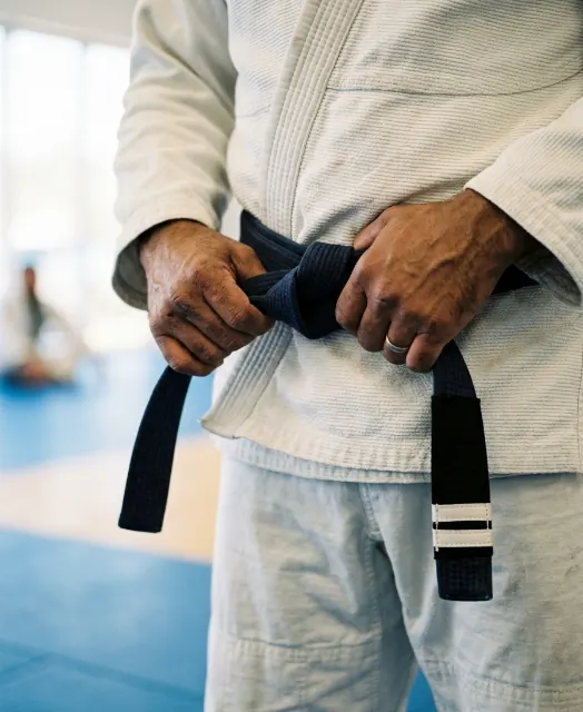 Close de mãos amarrando uma faixa azul sobre o kimono